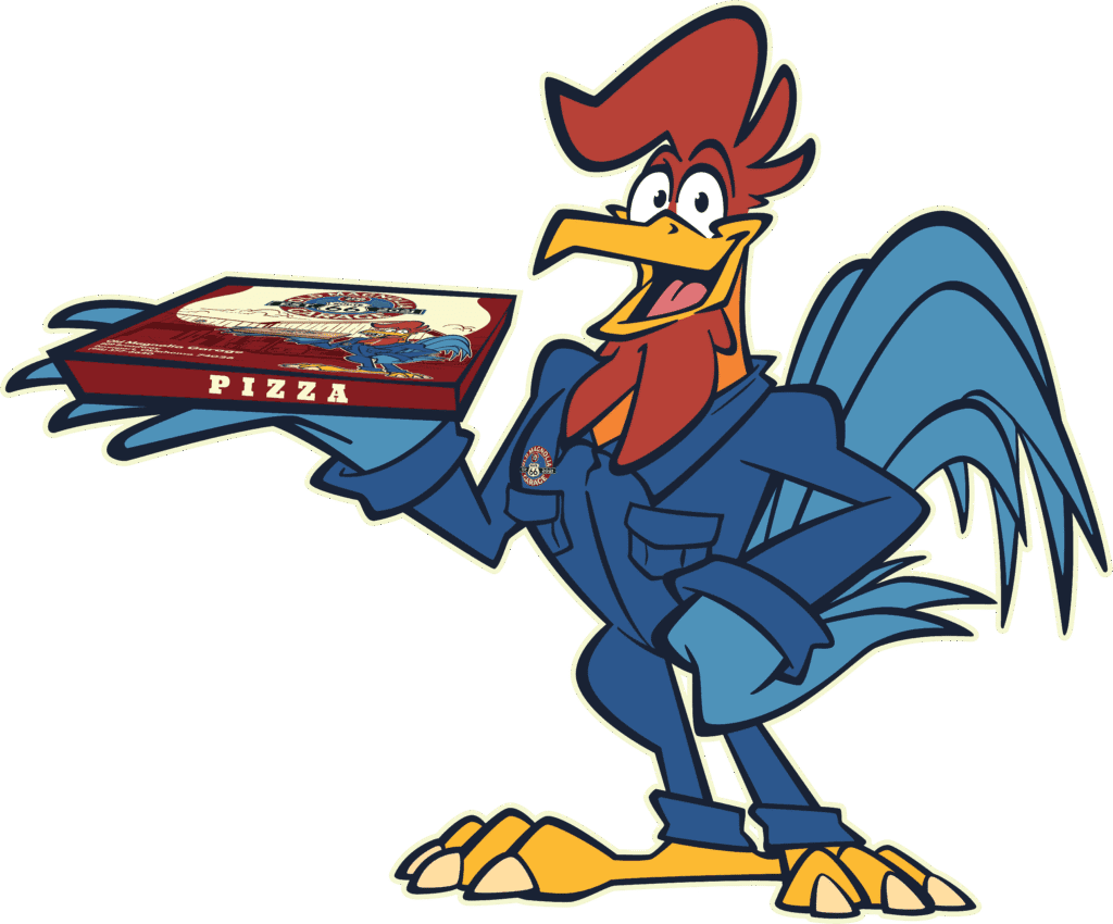 Mascot of Old Magnolia Garage holding a branded pizza box – cartoon rooster in blue jumpsuit representing Davenport OK convenience store and pizza restaurant